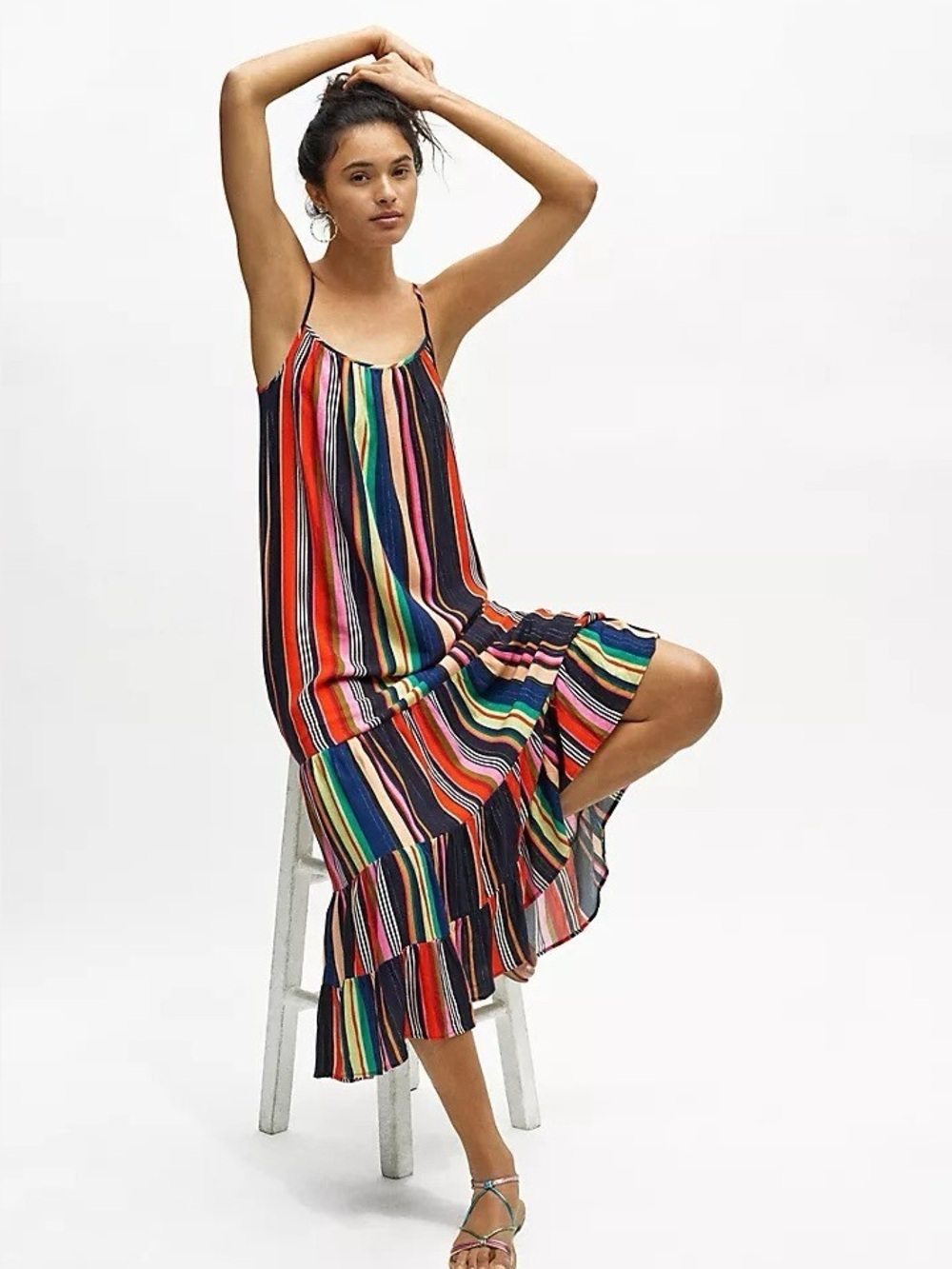 NWOT Farm Rio Anthropologie Rainbow Striped Shimmer Tiered Sleeveless Maxi Dress